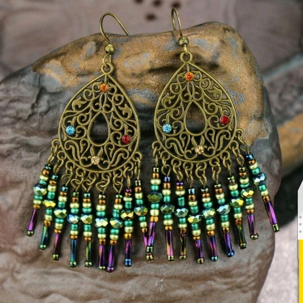 🆕Boho Rhinestone & Beads Drop Earrings - Picture 2 of 3